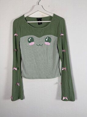 Sweet Society Teens XL Green Ribbed Kawaii Bow Bell Sleeve Crop Top Coquette